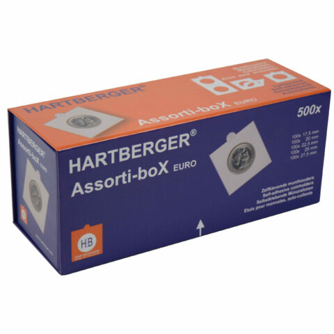 Munthouders: Assorti-box met 500x zelfkl. munthouders - EURO maten